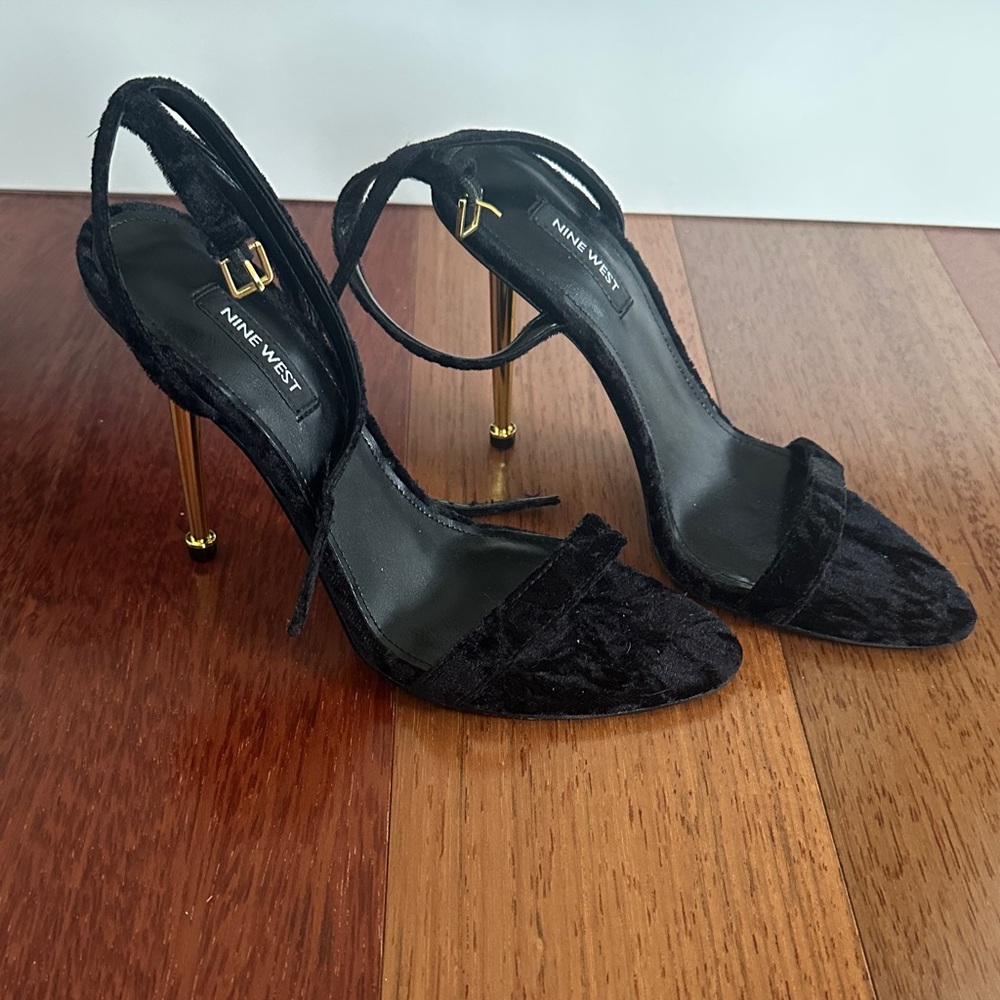Nine West Black Velvet Heels with Gold Accents